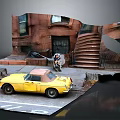 Yellow Convertible Car Parked On Street With Red Brick Building And Stairs
