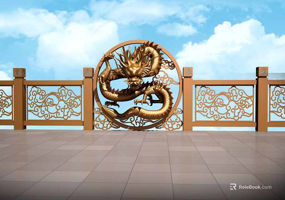 Ornate Traditional Railing With Circular Dragon Relief Tile Floor And Blue Sky 3d model 
