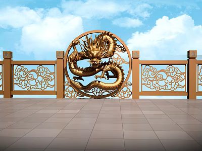 Ornate Traditional Railing With Circular Dragon Relief Tile Floor And Blue Sky 3d model