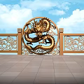 Ornate Traditional Railing With Circular Dragon Relief Tile Floor And Blue Sky