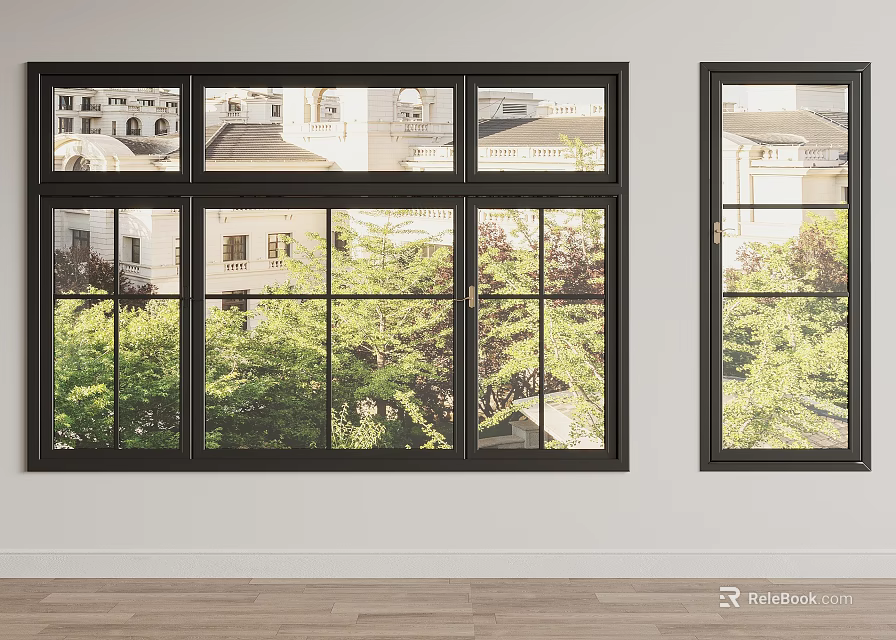 Modern Black Frame Casement Windows With Green Tree And Building Views 3d model 