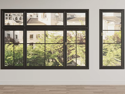Modern Black Frame Casement Windows With Green Tree And Building Views 3d model