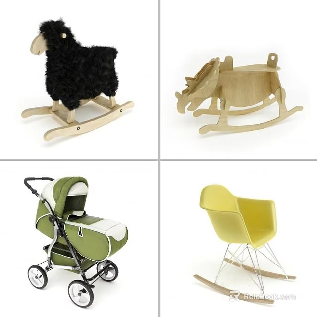 Children's Rocking Toys Wooden Black Plush Rocker Green Baby Stroller Yellow Chair 3d model 