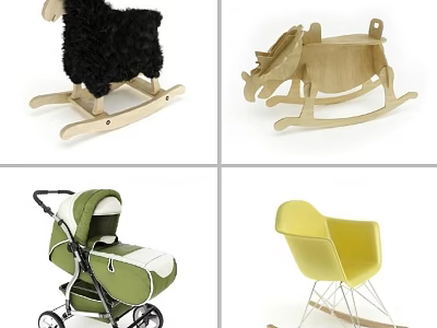 Children's Rocking Toys Wooden Black Plush Rocker Green Baby Stroller Yellow Chair 3d model