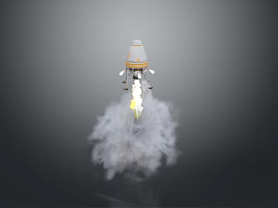 White And Gold Rocket Launching With Flames And Smoke On Gray Background 3d model