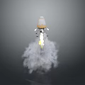 White And Gold Rocket Launching With Flames And Smoke On Gray Background