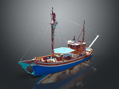 Traditional Wooden Water Transport Boat With Blue Hull Brown Upper Structure Masts Ropes 3d model