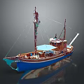 Traditional Wooden Water Transport Boat With Blue Hull Brown Upper Structure Masts Ropes