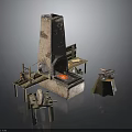 Rustic Workshop Scene Components With Stone Fireplace Wooden Tables Spinning Wheel And Tools