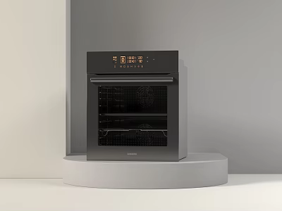 Modern Black Kitchen Oven Appliance with Digital Control Panel on White Display Pedestal 3d model