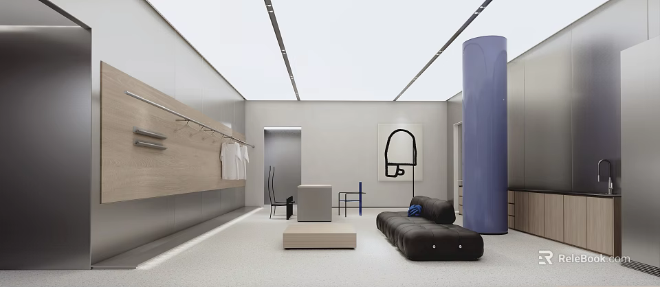 Modern Pantry Interior Design With Open Layout Sofa And Wall Mounted Racks 3d model