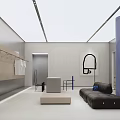 Modern Pantry Interior Design With Open Layout Sofa And Wall Mounted Racks 3d model