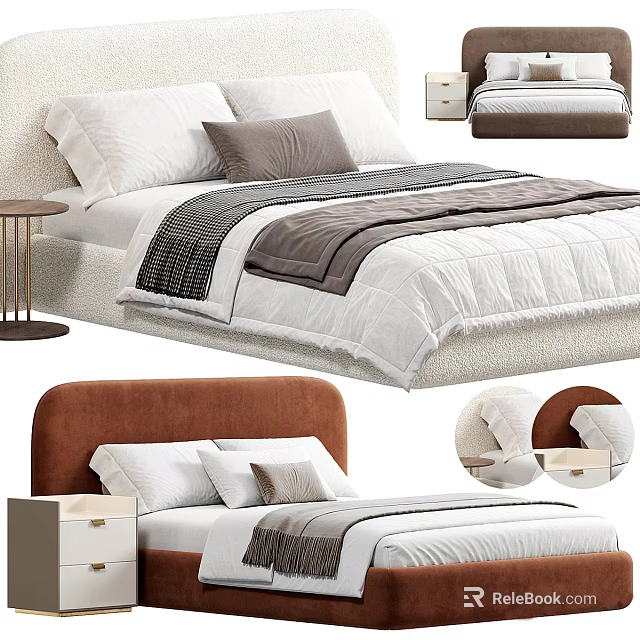 Modern Double Bed With Brown Headboard White Sheets Gray Blanket And Pillows 3d model 