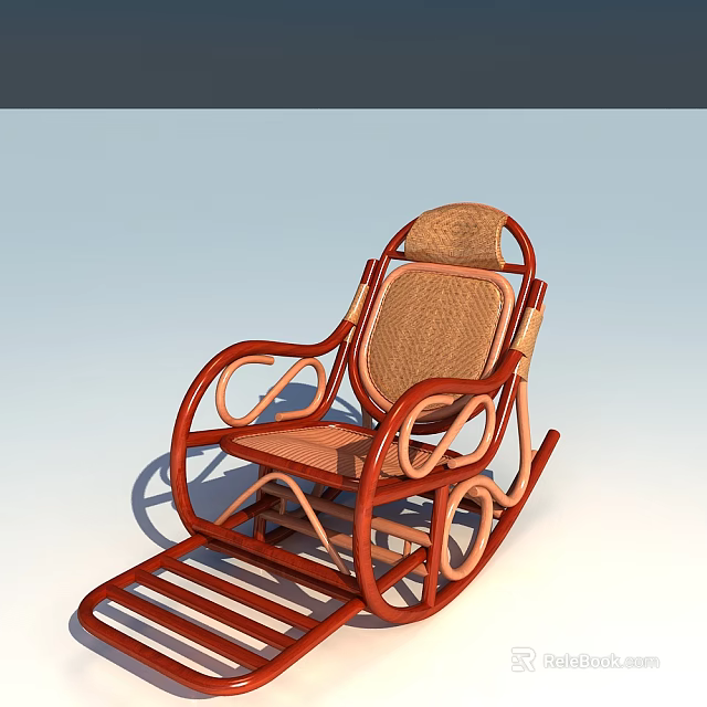 Classic Red Wooden Frame Leisure Chair With Woven Rattan Back And Rocking Design 3d model 