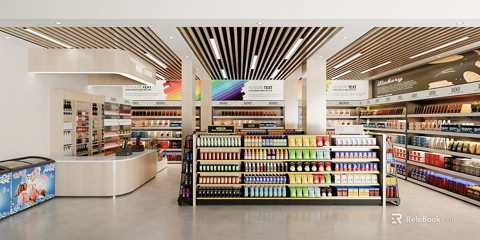 Modern Supermarket Open Layout With Well Organized Shelves Various Beverages And Products 3d model 