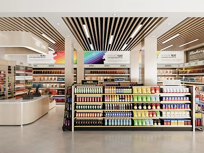 Modern Supermarket Open Layout With Well Organized Shelves Various Beverages And Products 3d model
