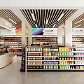 Modern Supermarket Open Layout With Well Organized Shelves Various Beverages And Products