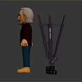 White Haired Man In Brown Coat Blue Pants Yellow Shoes With Tripod Structure Equipment