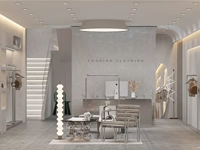 Modern Fashion Clothing Store Interior With Display Racks Staircase And Lighting 3d model
