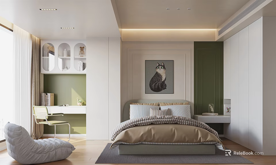Modern Kids Room Interior With Green Walls Bed Study Desk And Decorative Painting 3d model 