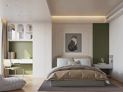 Modern Kids Room Interior With Green Walls Bed Study Desk And Decorative Painting 3d model