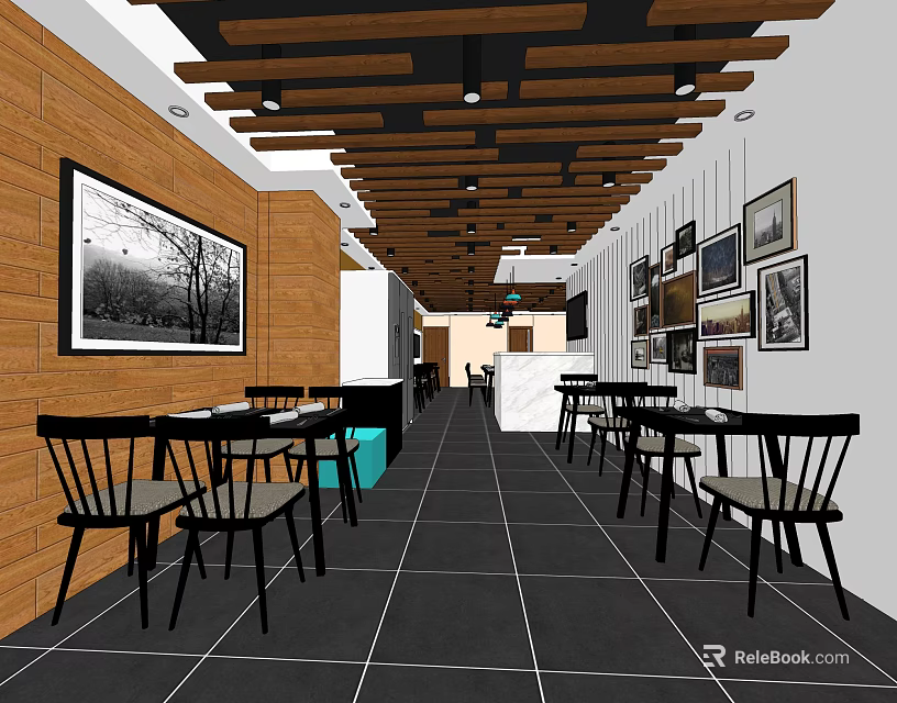 Stylish Restaurant Interior Design With Wooden Walls Ceiling Beams Black Tiled Floor And Wall Art 3d model 