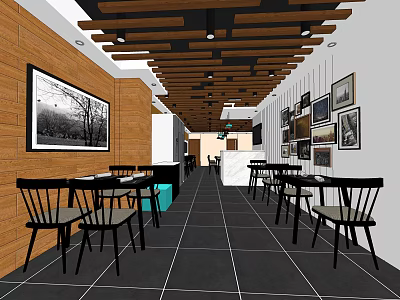 Stylish Restaurant Interior Design With Wooden Walls Ceiling Beams Black Tiled Floor And Wall Art 3d model