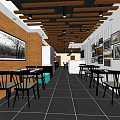 Stylish Restaurant Interior Design With Wooden Walls Ceiling Beams Black Tiled Floor And Wall Art