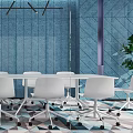 Modern Conference Room Interior With Glass And Blue Walls White Chairs Table And Plant