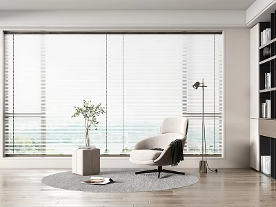Stylish White Window Blinds In Modern Living Room With White Armchair Green Plant And Bookshelf 3d model