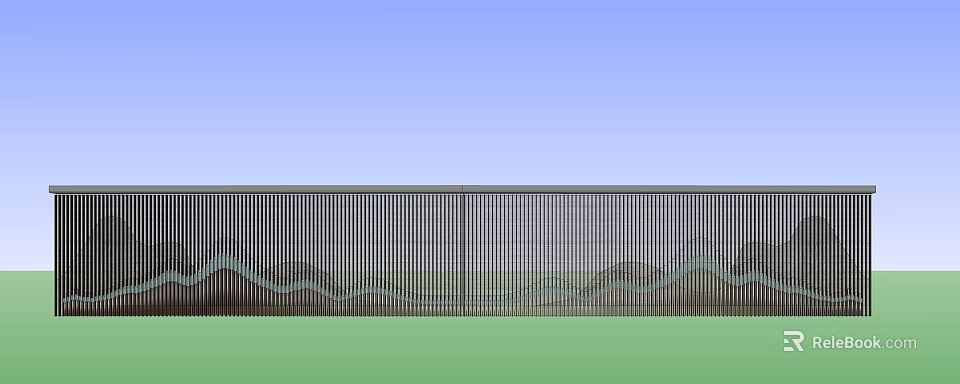 Modern Feature Wall With Striped Design And Wavy Pattern Against Green Grass Blue Sky 3d model 