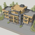 Modern Single Family Home Exterior Design With Wooden Gray Facade Balconies Garage And Greenery