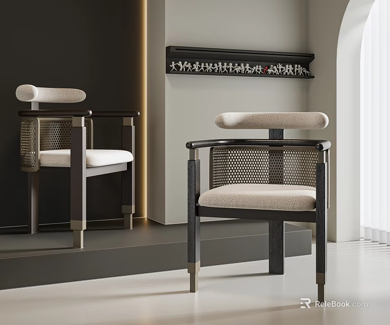 Modern Dining Chairs With Woven Backrest Light Padded Seats And Dark Frames In Minimalist Interior 3d model 