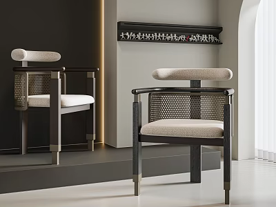 Modern Dining Chairs With Woven Backrest Light Padded Seats And Dark Frames In Minimalist Interior 3d model