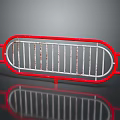 Red And White Curved Metal Fence With Railing On Reflective Surface