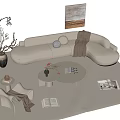 Modern Curved Sofa And Coffee Table Set With Armchair Books Rug And Wall Art