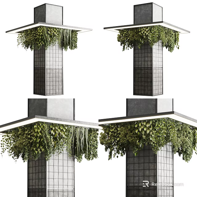 Modern Grid Patterned Decorative Columns Adorned With Hanging Green Plants 3d model 