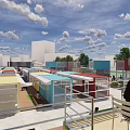 Colorful Container Buildings at BOXPARK Modern Commercial Retail Space with Trees and Open Sky