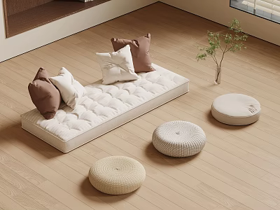 Modern Japanese Minimalist Living Room With Tatami Mat Cushions And Round Poufs 3d model