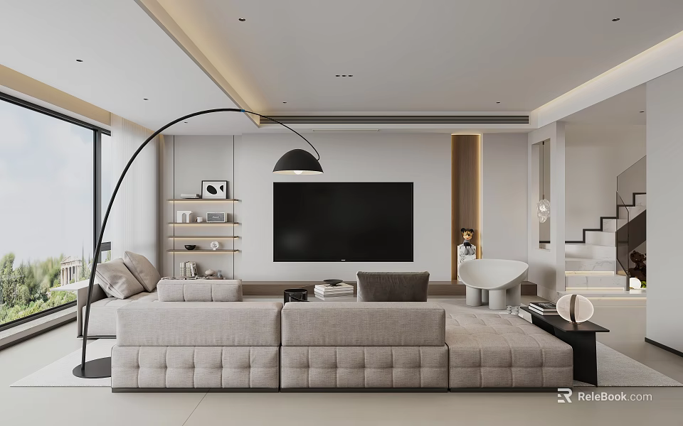 Modern Living Room With Beige Sofa Black TV Floor Lamp Bookshelves And White Armchair 3d model 