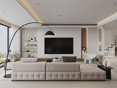Modern Living Room With Beige Sofa Black TV Floor Lamp Bookshelves And White Armchair 3d model
