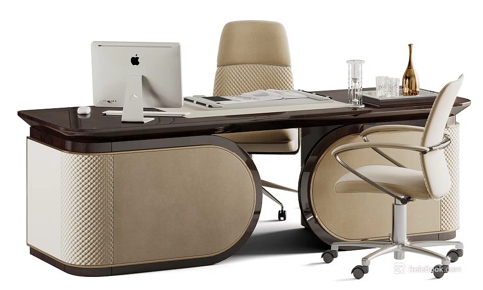 Modern Office Desk With Wooden Top Beige Chair Apple Computer Glass And Documents 3d model 
