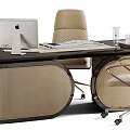 Modern Office Desk With Wooden Top Beige Chair Apple Computer Glass And Documents