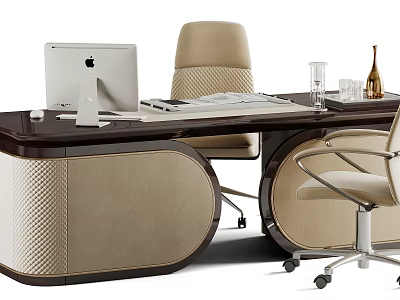 Modern Office Desk With Wooden Top Beige Chair Apple Computer Glass And Documents 3d model