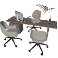 Office Desk with Computer Monitor Laptop and Plant in Vase Surrounded by Three Ergonomic Chairs