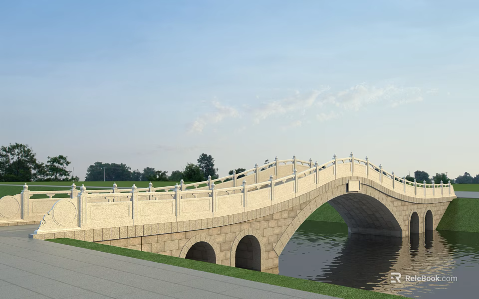 Scenic Stone Arch Bridge With White Railings Over Water Surface Green Grass And Trees 3d model 