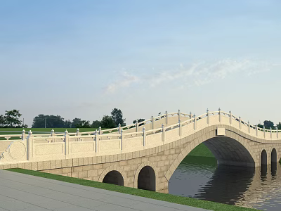 Scenic Stone Arch Bridge With White Railings Over Water Surface Green Grass And Trees 3d model