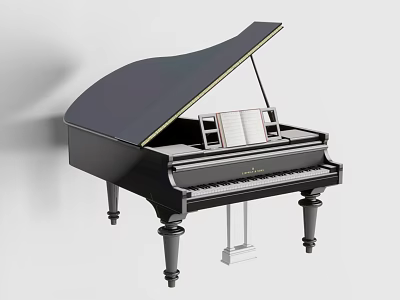 Black Grand Piano with Open Lid Music Sheet and White Stand 3d model