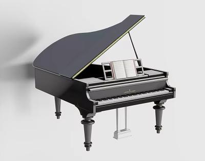 Black Grand Piano with Open Lid Music Sheet and White Stand 3d model