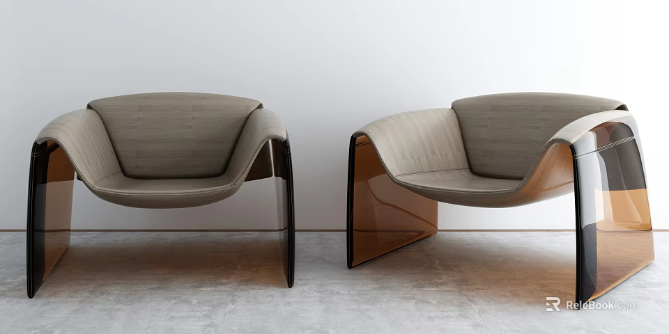 Modern Lounge Chairs with Curved Light Gray Upholstery and Transparent Acrylic Frame 3d model 